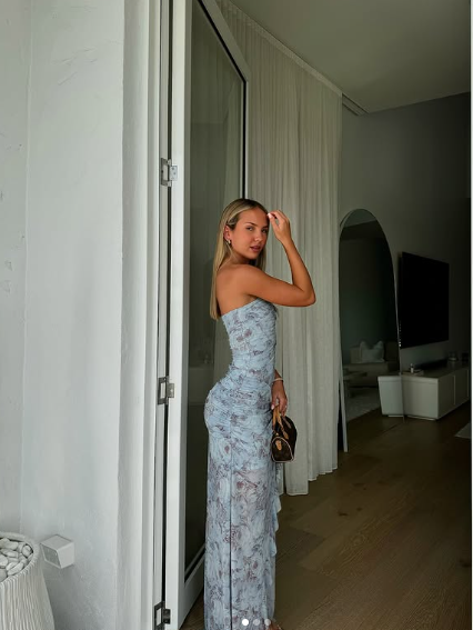 Chic Chiffon Print Floral Long Prom Dress Strapless Slit Party Evening Dress Y8238