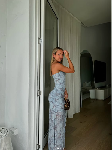 Chic Chiffon Print Floral Long Prom Dress Strapless Slit Party Evening Dress Y8238