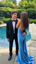 Vestido de fiesta elegante de sirena azul Atlántico sin espalda Y303