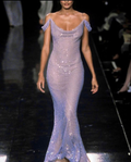 Vestido de noche sirena brillante con hombros descubiertos, lentejuelas lilas, vestido de graduación Y8220