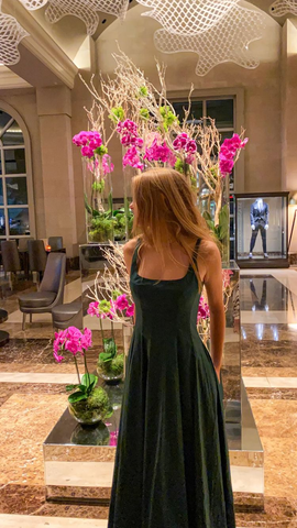 Vestido de noche verde de corte evasé con escote cuadrado, estilo modesto, modelo Y692