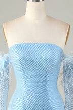 Blue Tight Beaded Short Homecoming Dress With Detachable Sleeves