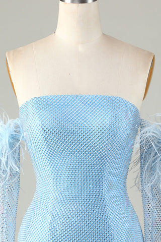 Blue Tight Beaded Short Homecoming Dress With Detachable Sleeves