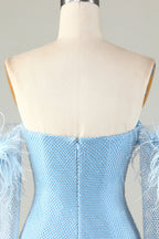 Blue Tight Beaded Short Homecoming Dress With Detachable Sleeves