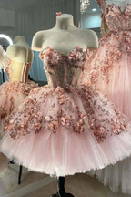Robe de bal rose poudré à fleurs appliquées, robe de bal en tulle coupe A, robe de quinceañera Y388