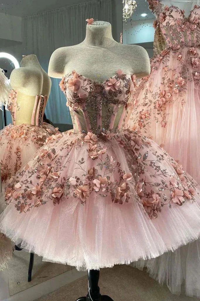 Vestido de baile con apliques de flores rosa rubor, vestido de tul corte A para graduación, vestido de quinceañera Y388
