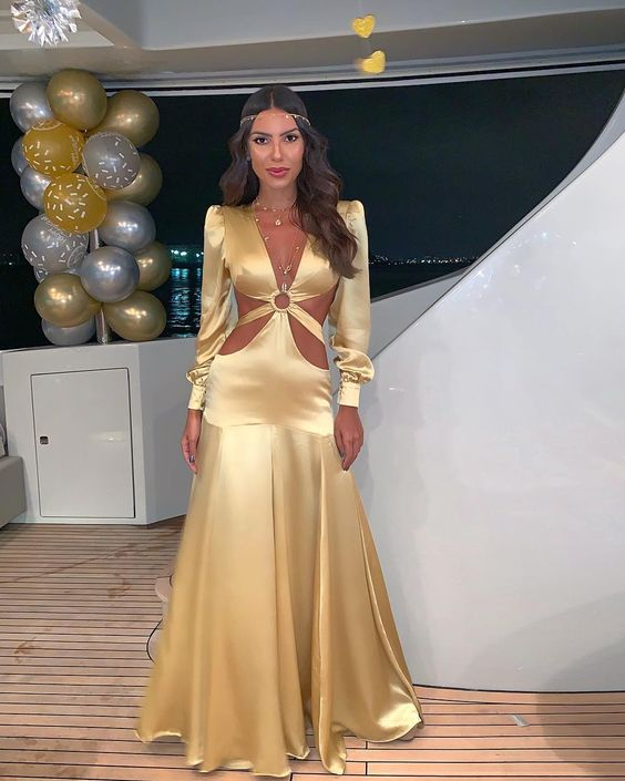 Robe de soirée élégante en satin à manches longues, style féerique Y5094