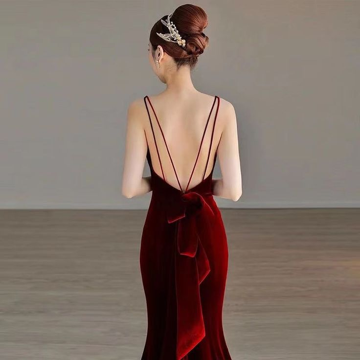 Robe de soirée sirène élégante en velours rouge, robe de bal longue Y7824