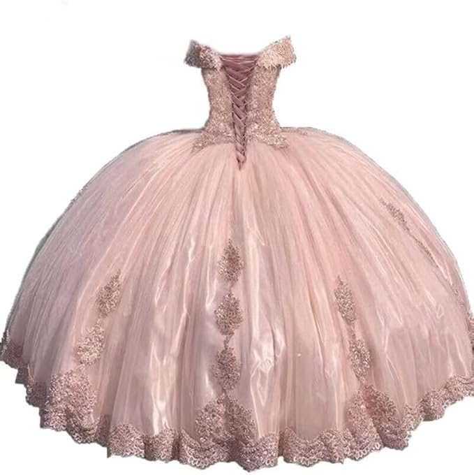 Robe de bal rose poudré à épaules dénudées en tulle et dentelle, ornée d'appliqués, idéale pour une quinceañera (Y7728).