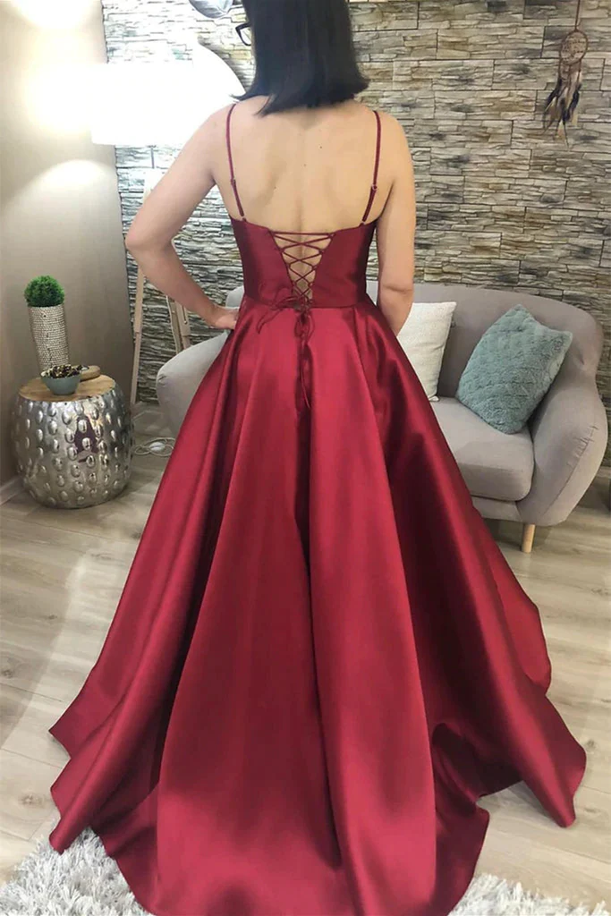 Robe de bal longue bordeaux en satin, col V et dos nu ; robe de soirée bordeaux de cérémonie, col V et dos nu, référence Y210