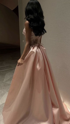 Vestido de noche de fiesta formal de Dubái, estilo corsé, sin tirantes, color rosa bebé, satén, estilo Arabia Saudita, con lentejuelas brillantes (Y4887)