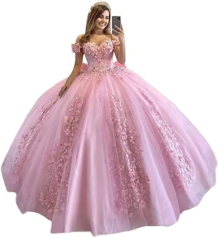 Vestidos de quinceañera con hombros descubiertos para adolescentes, vestido de baile floral de encaje para dulces 15 16, vestido largo de princesa con cola Y6979