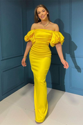 Elegante vestido de noche de sirena con hombros descubiertos y mangas abullonadas Y5005