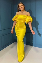 Elegante vestido de noche de sirena con hombros descubiertos y mangas abullonadas Y5005