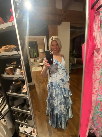 Gorgeous Blue Sleeveless V-Neck Lace Ruffle Tiered Evening Dress Formal Prom Dress Y8460