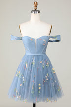 Cute Grey Blue A Line Sweetheart Short Homecoming Dress with Embroidery