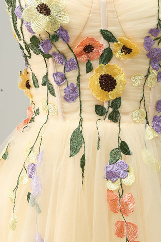 Champagne A Line Spaghetti Straps Short Homecoming Dress with Appliques