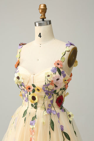 Champagne A Line Spaghetti Straps Short Homecoming Dress with Appliques