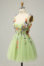 Champagne A Line Spaghetti Straps Short Homecoming Dress with Appliques