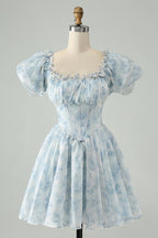 Cute Light Green A Line Square Neck Floral Short Homecoming Dress with Ruffles