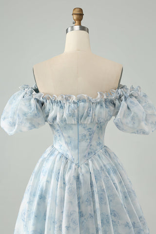 Robe courte de bal vert clair à col carré et imprimé floral, coupe trapèze et volants