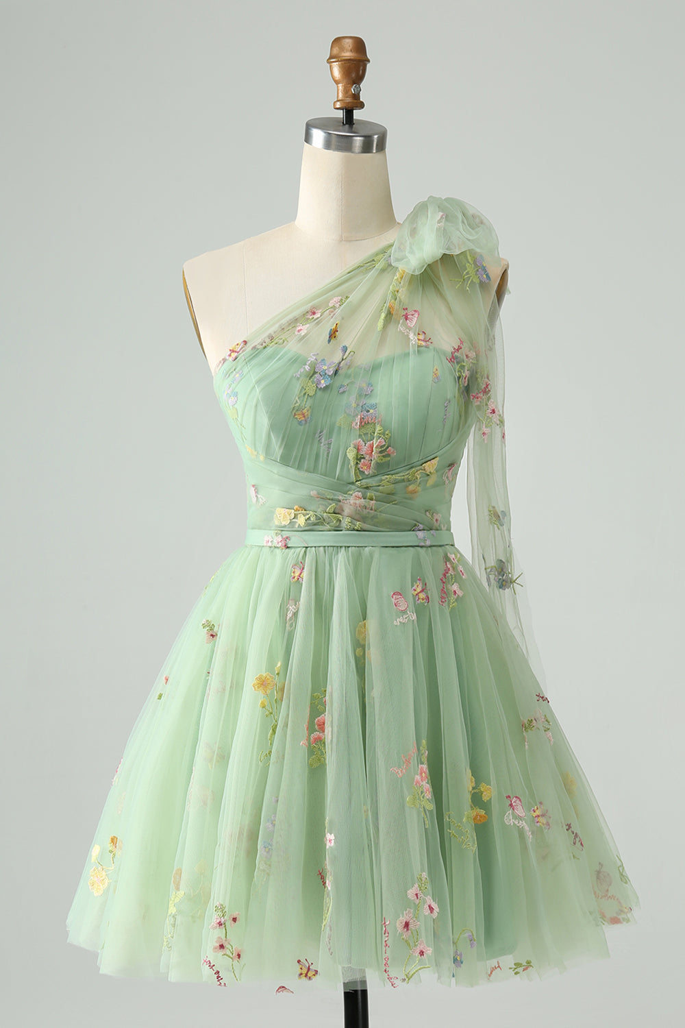 Vestido de fiesta de corte A, un solo hombro, de tul gris azulado con bordado floral.