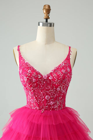 Cute Fuchsia A Line Spaghetti Straps Tiered Short Homecoming Dress with Sequins
