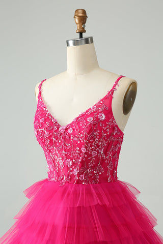 Cute Fuchsia A Line Spaghetti Straps Tiered Short Homecoming Dress with Sequins
