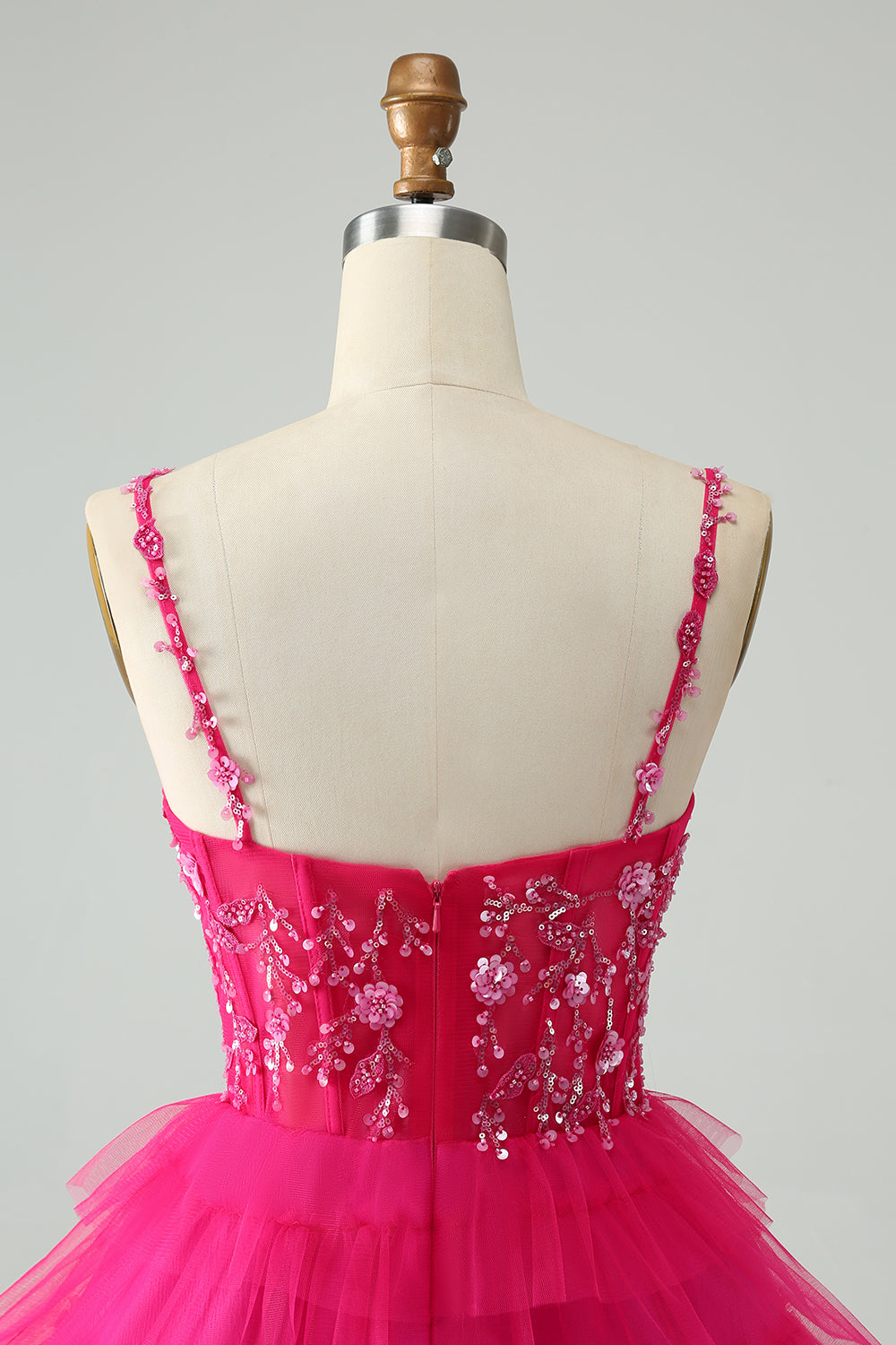 Cute Fuchsia A Line Spaghetti Straps Tiered Short Homecoming Dress with Sequins