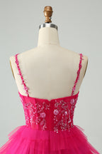 Cute Fuchsia A Line Spaghetti Straps Tiered Short Homecoming Dress with Sequins