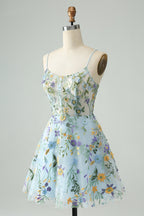 Blue Flower A Line Spaghetti Straps Corset Short Homecoming Dress with Embroidery