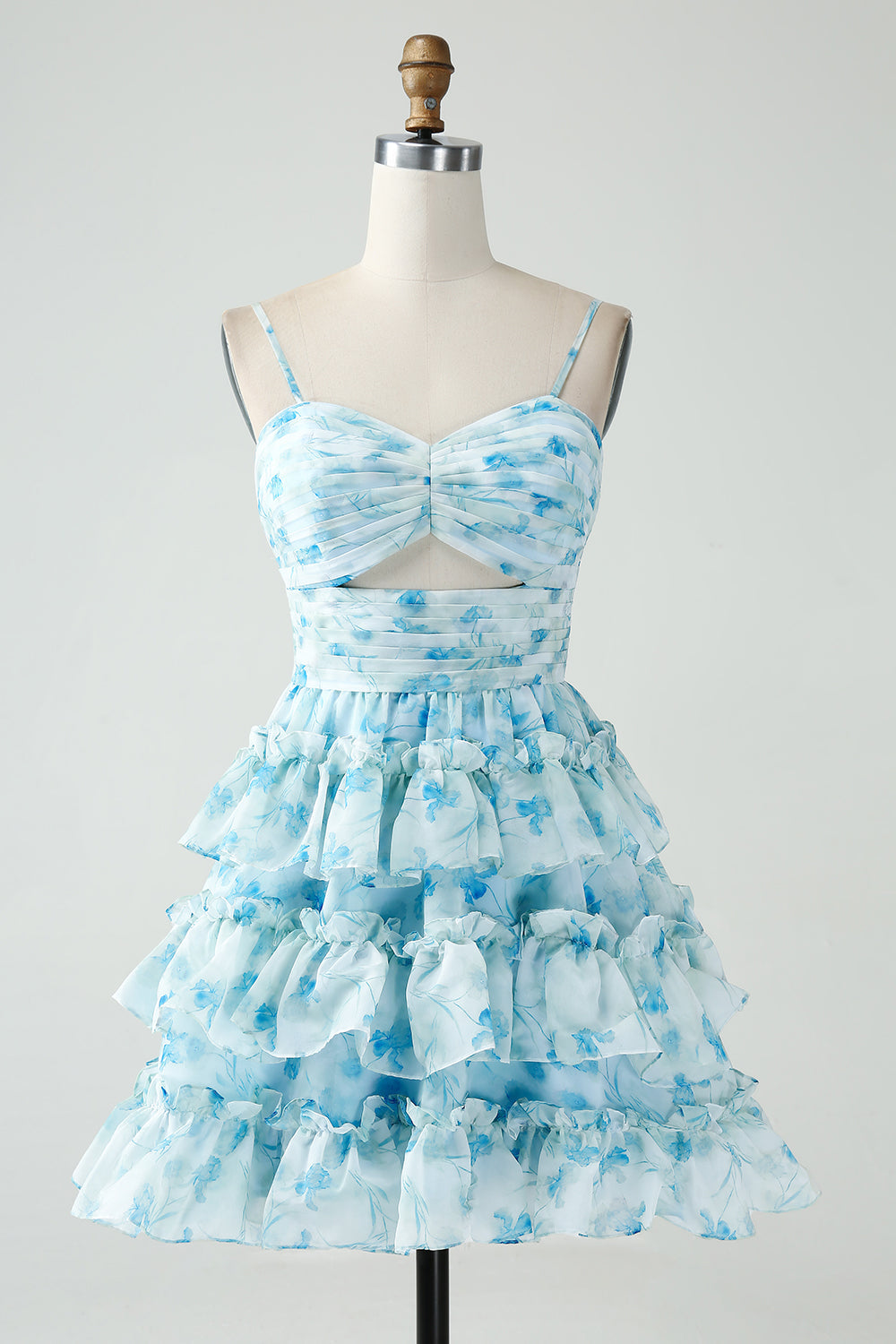 Vestido corto de fiesta de bienvenida con tirantes finos, corte en A, volantes y estampado floral.