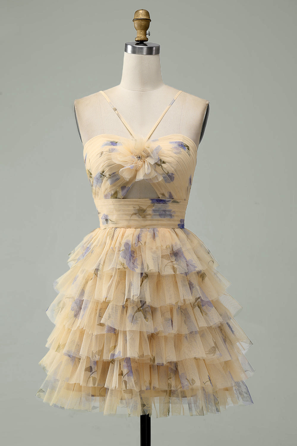 Vestido corto de fiesta con estampado escalonado y escote halter en línea A con flores amarillas