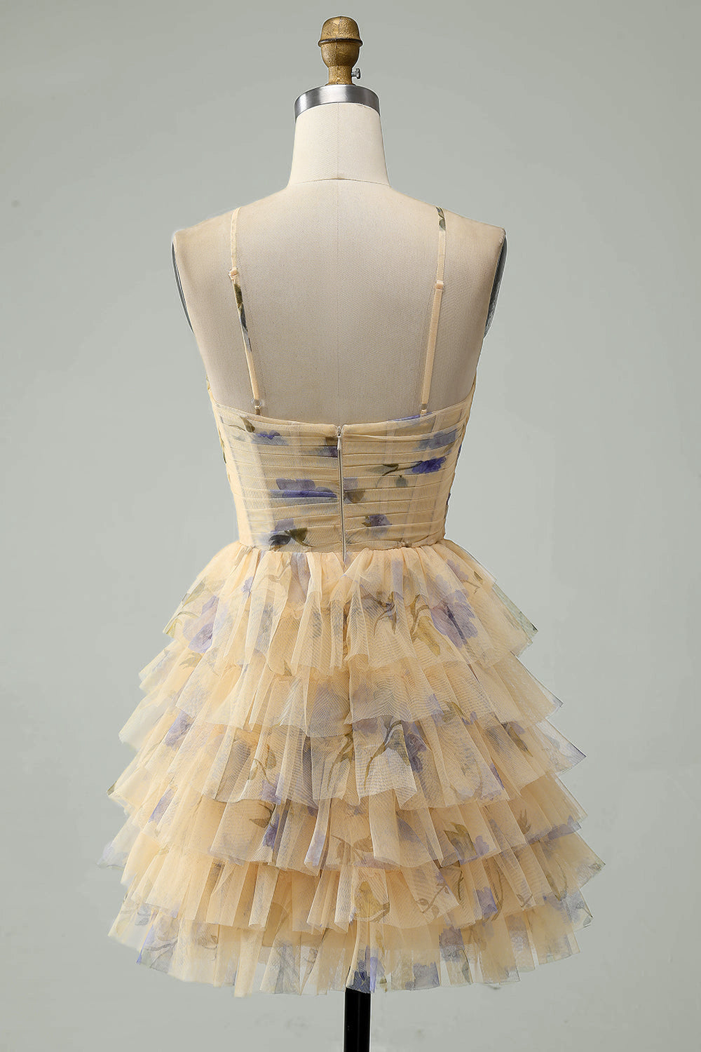 Vestido corto de fiesta con estampado escalonado y escote halter en línea A con flores amarillas