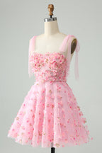Cute Pink A Line Pearls Corset Short Homecoming Dress with Appliques Flower
