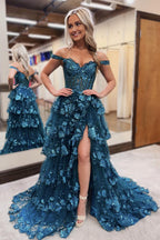 Vestido de fiesta largo de tul con escote asimétrico, corte en A, hombros descubiertos y corsé escalonado con abertura