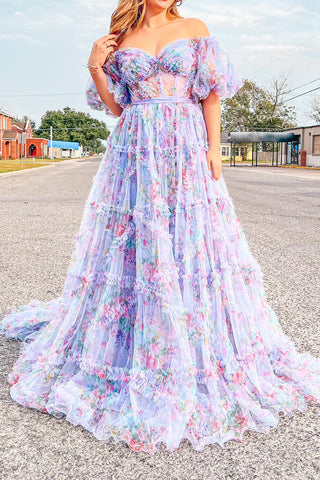 Sydney | Vestido de graduación de tul floral con hombros descubiertos