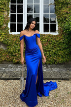Mermaid Off the Shoulder Green Long Prom Dress with Split Front