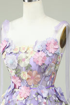 Blue A Line Spaghetti Straps Corset Homecoming Dress with 3D Flowers