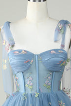 Cute Grey Blue A Line Spaghetti Straps Short Homecoming Dress with Appliques