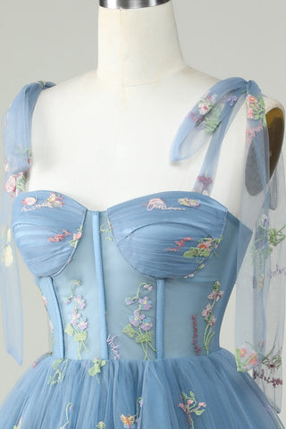 Cute Grey Blue A Line Spaghetti Straps Short Homecoming Dress with Appliques