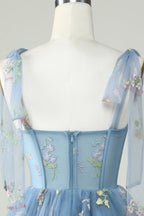 Cute Grey Blue A Line Spaghetti Straps Short Homecoming Dress with Appliques