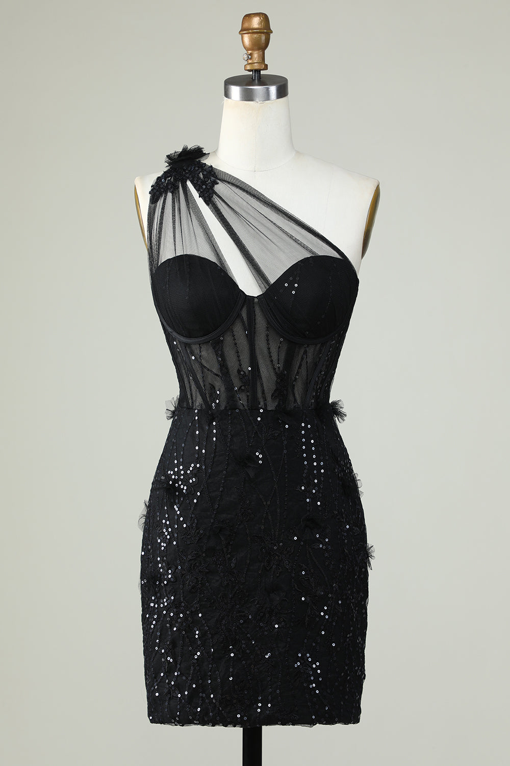 Vestido corto de fiesta negro ajustado con corsé de un solo hombro y apliques