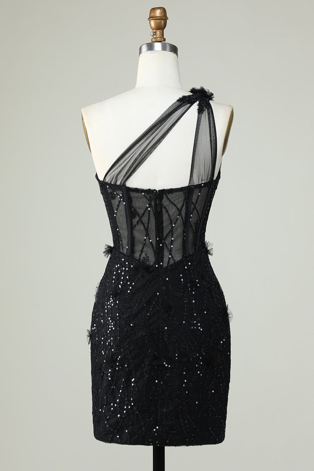 Vestido corto de fiesta negro ajustado con corsé de un solo hombro y apliques