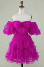 Cute Blush A line Tulle Off The Shoulder Short Homecoming Dress