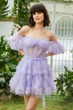 Cute Blush A line Tulle Off The Shoulder Short Homecoming Dress