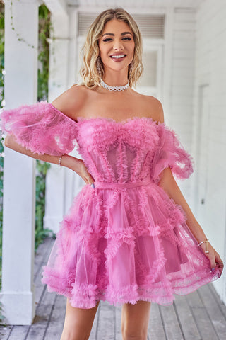 Cute Blush A line Tulle Off The Shoulder Short Homecoming Dress