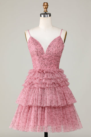 Blush Cute A Line Spaghetti Straps Short Homecoming Dress with Ruffles