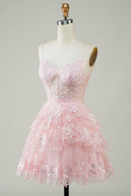 Cute Black A Line Sparkly Sequin Tiered Corset Short Homecoming Dress