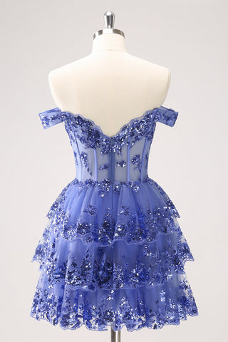 Robe de soirée courte bleu foncé scintillante à épaules dénudées et à volants avec corset et paillettes